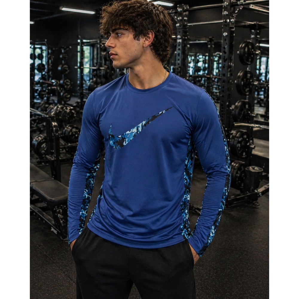 Nike Mens Dri-FIT Long Sleeve Training Shirt Blue Graphic Swoosh Size Large